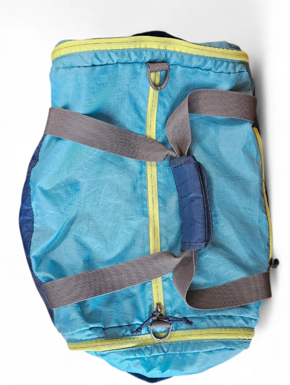 Eddie Bauer Rippac Stowaway 40L Aqua & Blue Logo Nylon Duffel with Lime Trim